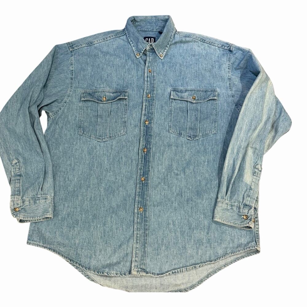 GAP Vintage 90s Denim Shirt Mens XL Faded Blue Cotton Made USA Double Pocket*